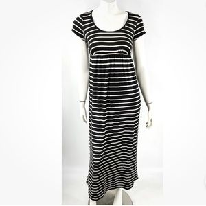 Motherhood Maternity Dress Sz L Black Tan Striped Long Maxi Short Sleeve Womens